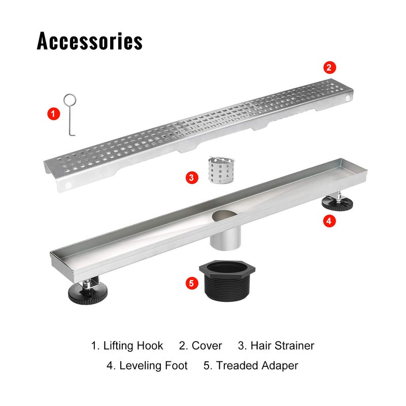 SaniteModar Linear Shower Drain, Shower Drain 36 inch with Removable Square Hole Panel, AISI Brushed 304 Stainless Steel Shower Floor Linear Drain with Adjustable Feet and Hair Strainer - Image 2